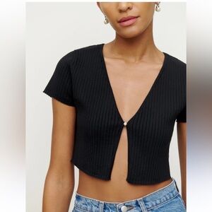 Reformation Anny Short Sleeve Ribbed Cotton Cardigan Pearl Button